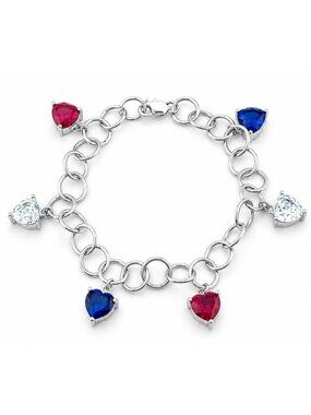Ruby, Blue & White Sapphire Charm Bracelet .925 Sterling Silver